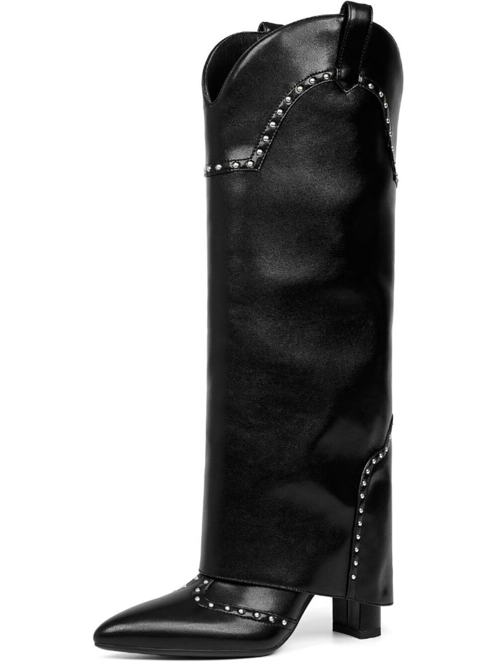 Women's Black Stud Knee High Fold Over Boots Chunky Heel Pointed Toe Tall Boots